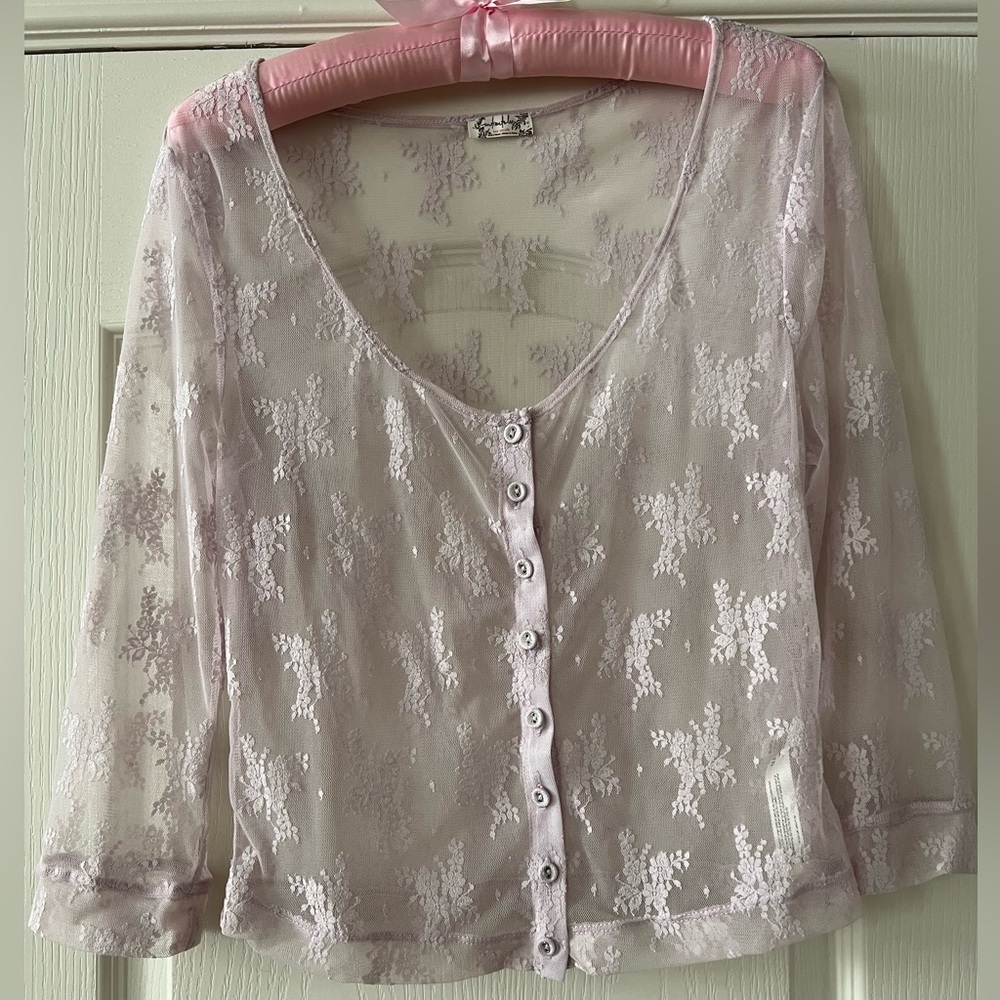 Free People Intimately Lace Sheer Button-Up Top — Light Lavendar / Soft Lilac, L